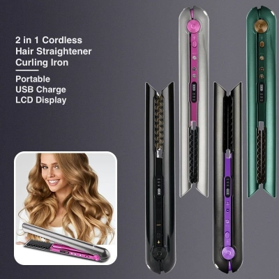 Cordless 2 in 1 Hair Straightener Curler - Portable Wireless Flat Iron